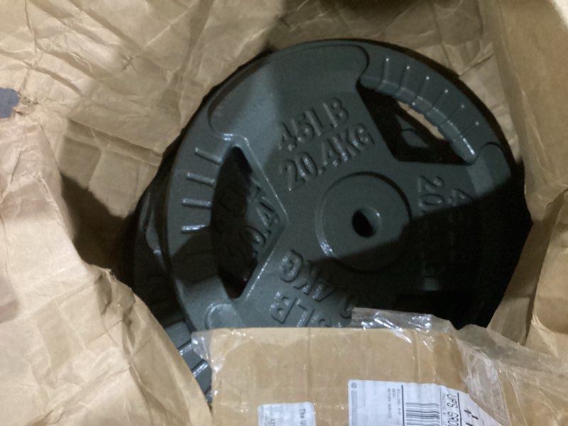 Condition photo showing Good Condition for yes4all tri-grip handles cast iron olympic weight plates, 2-inch weight plates for weight lifting with smooth and durable finish, suitable for strength training exercises (single, pair and set)