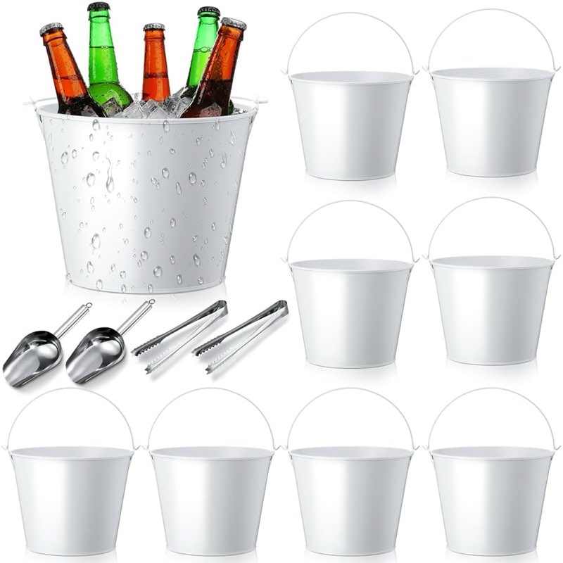 Zopeal 12 Pcs Metal Beer Buckets with Ice Shovels and Tongs Stainless Steel Ice Bucket with Handle Round Pails for Summer Pool Wedding Table Centerpiece Party Supplies. White