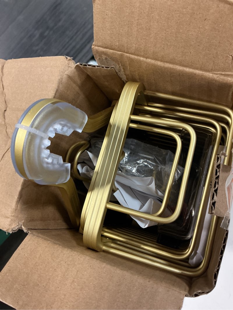 Condition photo showing Good Condition for adjustable hanging shower caddy for handheld showerhead, rustproof aluminum over shower head organizer, renter-friendly no-swing storage for tall bottles & soap, 2-tier, gold