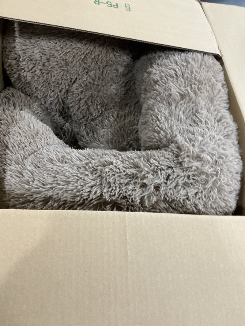 Condition photo showing As Is for Donut Dog Bed - Premium Comfort for Anxiety Relief - Fluffy & Calming Design with Ultra-Plush Support | Cozy Round Dog Bed with Super Soft Circle Style (Camel, X-Large) X-Large Camel