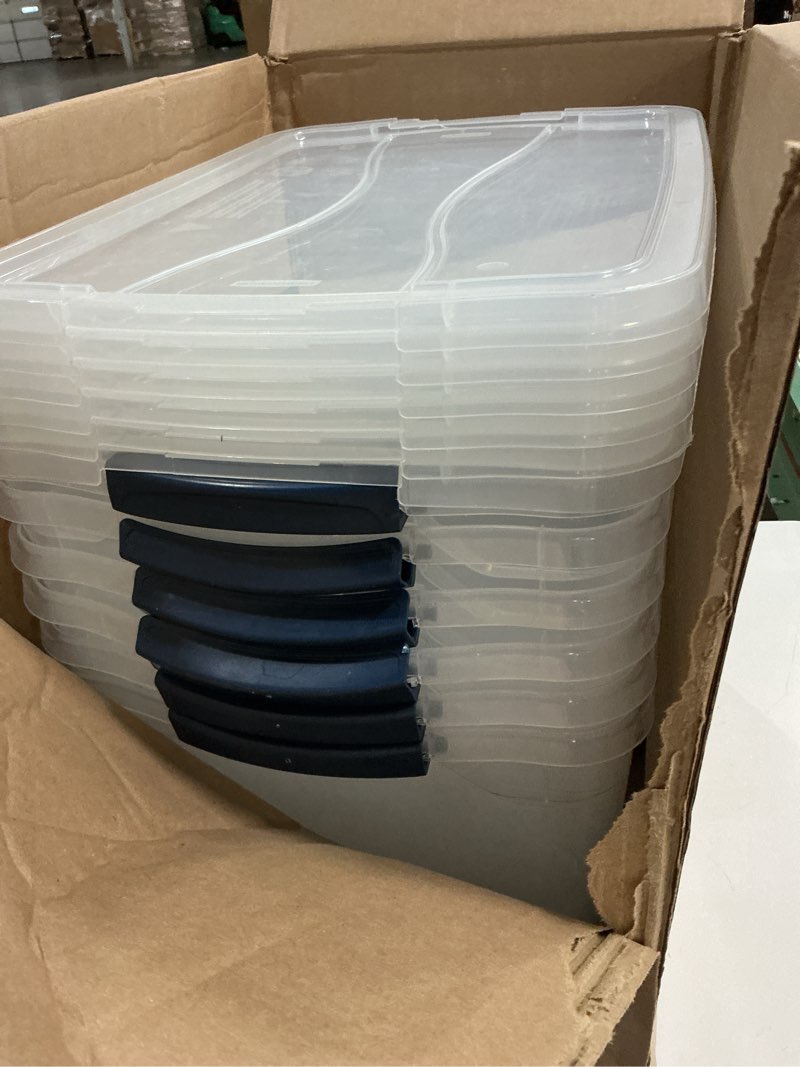Condition photo showing Good Condition for Rubbermaid Cleverstore Clear 32 Qt, 6 Pack Stackable Plastic Storage Bins with Lids, Great for Closet and Laundry Storage, Organizing in the Home 32 Qt – 6 Pack