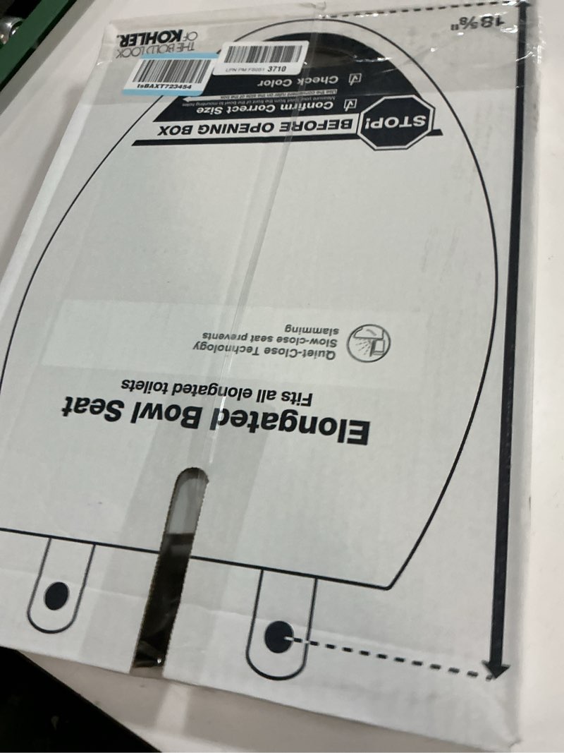 Condition photo showing New/Like New for kohler k-20110-0 brevia elongated toilet seat with grip-tight bumpers, quiet-close seat, quick-attach hardware, white