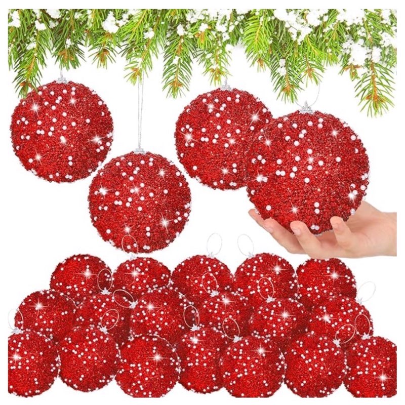  lyrow 24 pcs 4" glitter christmas ball ornament set christmas ball bulk xmas sequin foam hanging ornament decorative hanging for tree home wedding holiday party decor(red)