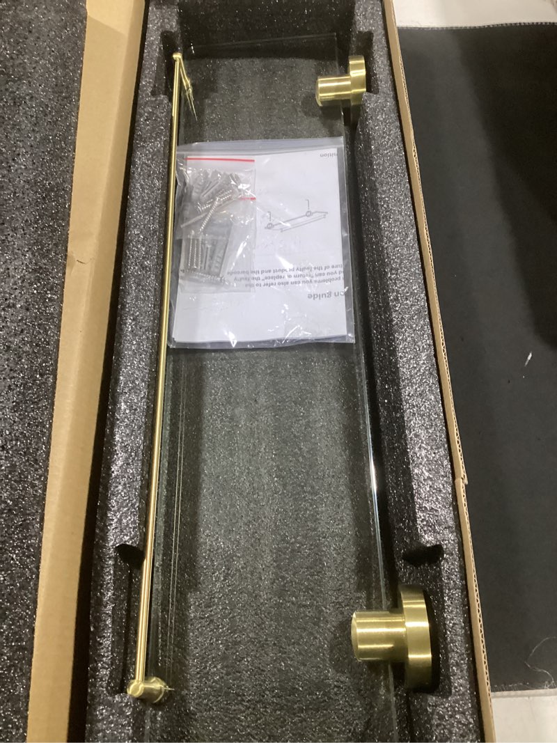 Condition photo showing Good Condition for 20 inches glass shelves for bathroom, brushed gold floating glass shelf stainless steel tempered glass bathroom shelves for wall mount modern brushed gold 20"with railing