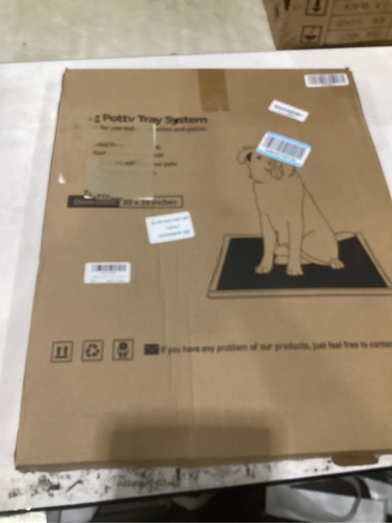 Condition photo showing As Is for portable dog grass pad with tray 20''x25'': dog litter box with artificial grass patch bathroom mat & washable pee pad for puppy potty training, pet loo indoor outdoor use for patio balcony apartment 20"x25"?4 layer potty system)