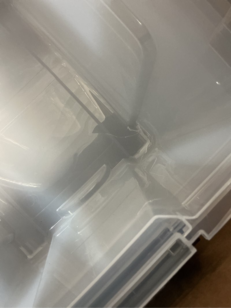 Condition photo showing As Is for iris usa 54 qt stackable plastic storage bins with lids, 6 pack - bpa-free, made in usa - see-through organizing solution, latches, durable nestable containers, secure pull handle - clear clear 54 qt 6 pack