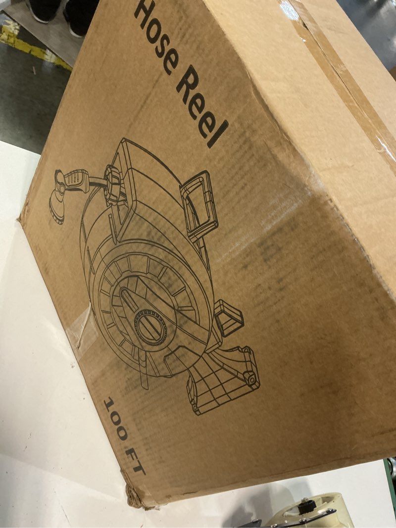 Condition photo showing Good Condition for garden hose reel 100ft, 1/2 inch water hose, wall mounted and 180 deg swivel bracket, slow retraction any length lock 10 spray nozzle white & orange