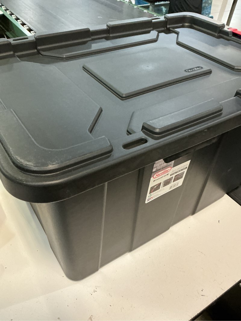 Condition photo showing Good Condition for sterilite 27 gallon industrial tote  rugged plastic storage bin  latch lid  black
