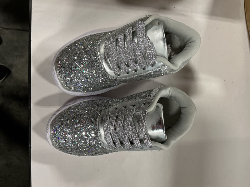Condition photo showing Good Condition for lucky step sequin glitter sneakers silver size 10