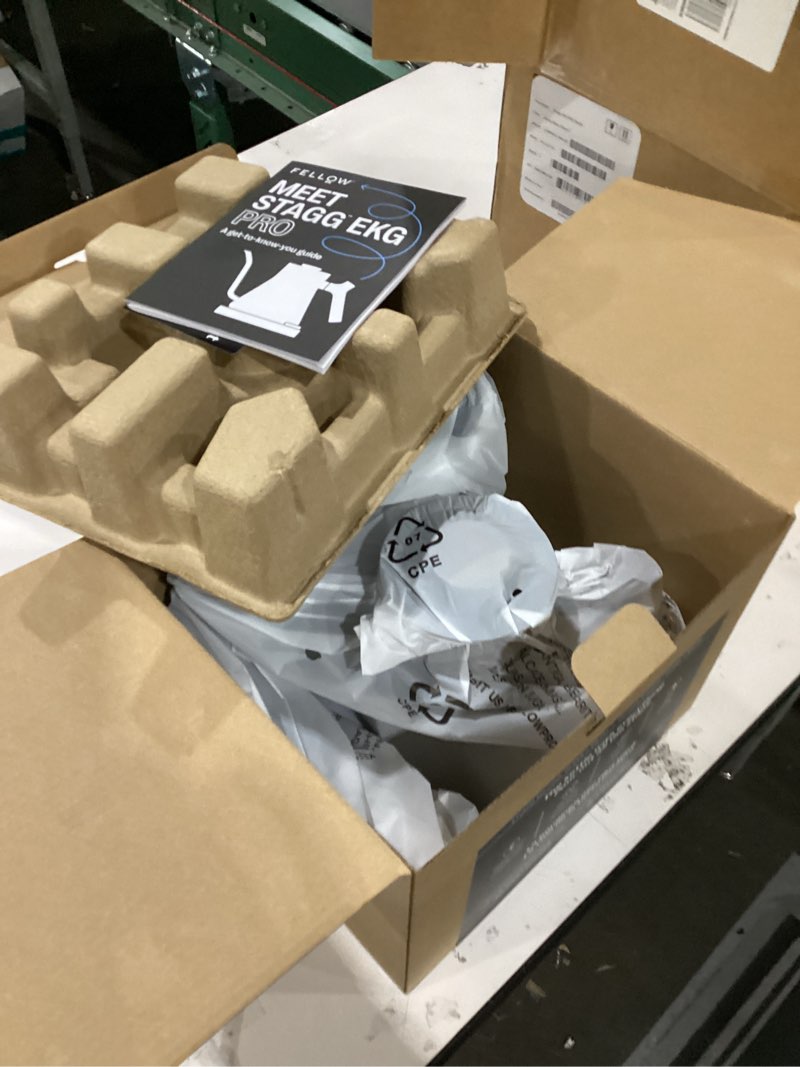 Condition photo showing New/Like New for Fellow Stagg EKG Pro Studio Edition Electric Gooseneck Kettle - Pour-Over Coffee, Tea, Quick Heating, Precise Temperature Control, Scheduling, Built-in Brew Timer-Matte Black with Walnut Handle, 0.9 L