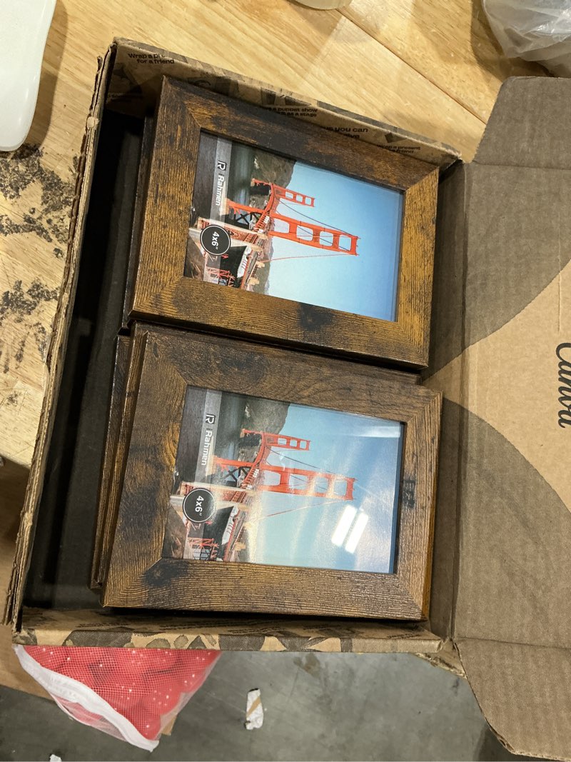 Condition photo showing Good Condition for irahmen 4x6 picture frame set of 6, dark brown rustic frame with high definition real glass, 4 x 6 wood photo frames for tabletop display and wall mounting dark brown 4x6