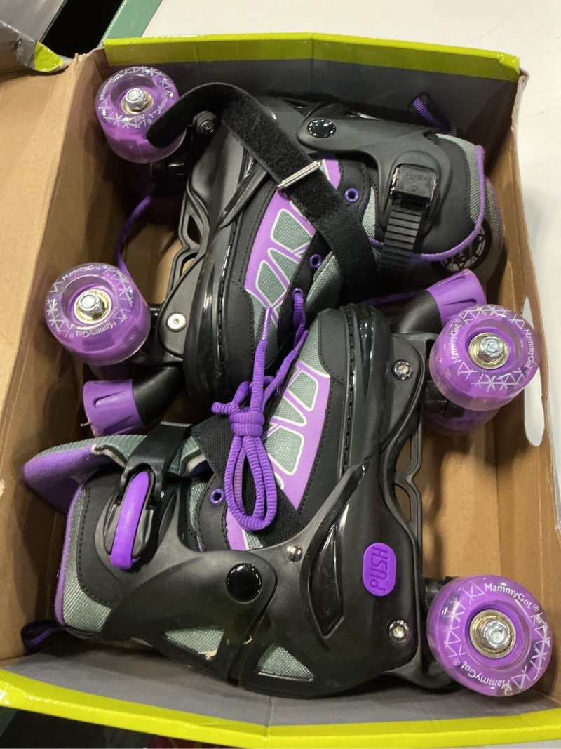 Condition photo showing Good Condition for mammygol roller skates for kids boys girls, adjustable quad skates with light up wheels for toddler little kids ages 6-12, beginners outdoor sports purple medium - big kid (13c-2)