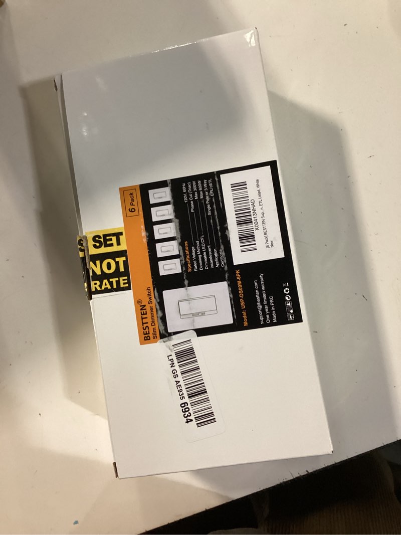 Condition photo showing New/Like New for bestten 6 pack super slim dimmer light switch, quiet rocker, single pole or 3 way dimmable switch, max 300w led, cfl, 600w incandescent, screwless wall plate included, etl listed, white