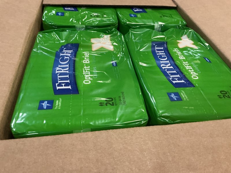 Condition photo showing New/Like New for fitright ultra heavy absorbency adult diapers for men & women, waist size: x-large 56-64 inches, optifit incontinence disposable briefs with leak protection for seniors, 80 count x-large 80 count