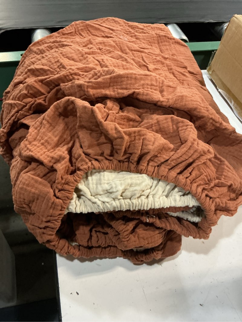 Condition photo showing As Is for 2 pack muslin crib sheets for boys girls, 100% cotton fitted baby sheets, breathable soft neutral bed set, 52"x28" fits standard crib & toddler mattress (brown?beige) 2 brown?beige crib sheets