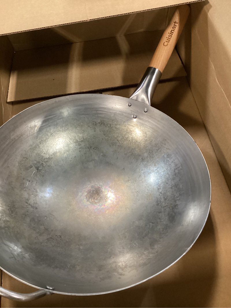 Condition photo showing As Is for Cuisinart 14” Carbon Steel Hammered Wok, Traditional Round Bottom, Stir Fry Pan with Wooden & Helper Handle for Authentic Asian Cuisine, Wok Hei Cooking Perfect for Stir-Fry, Sauté & Deep Fry 14" Carbon Steel Hammered Wok
