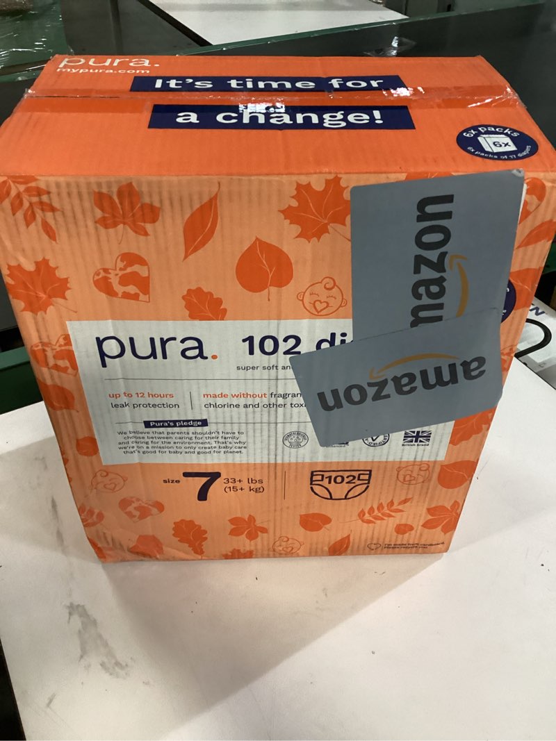 Condition photo showing New/Like New for Pura Size 7 Eco-Friendly Diapers (33+lbs) Hypoallergenic, TCF, Soft Organic Cotton, Sustainable, up to 12 Hours Leak Protection, Allergy UK, Recyclable Paper Packaging, 6 Packs of 17 (102 Diapers) Size 7 102
