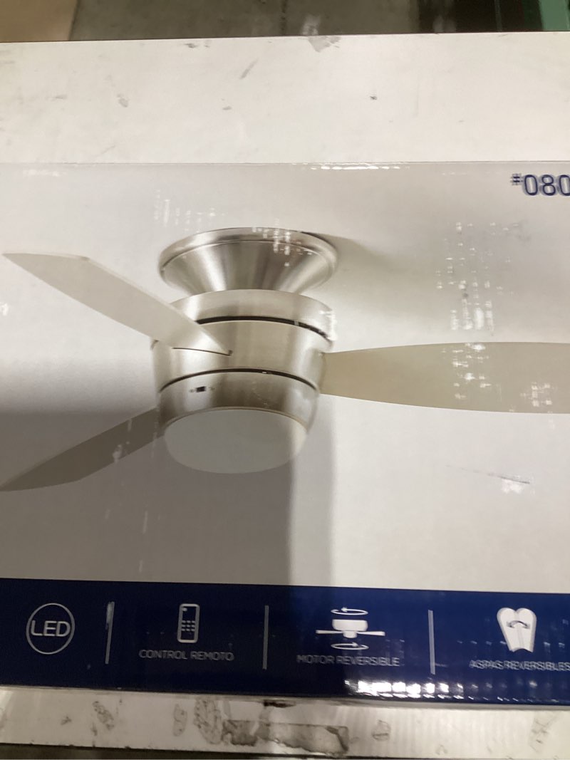 Condition photo showing Good Condition for 500+ bought last week Harbor Breeze Mazon 44-in Brushed Nickel with Brushed Nickel/Black Blades LED Flush Mount Ceiling Fan With Light and Remote Control Included 3 -Blade Item #807421 | Model #MZ44BNK3LR