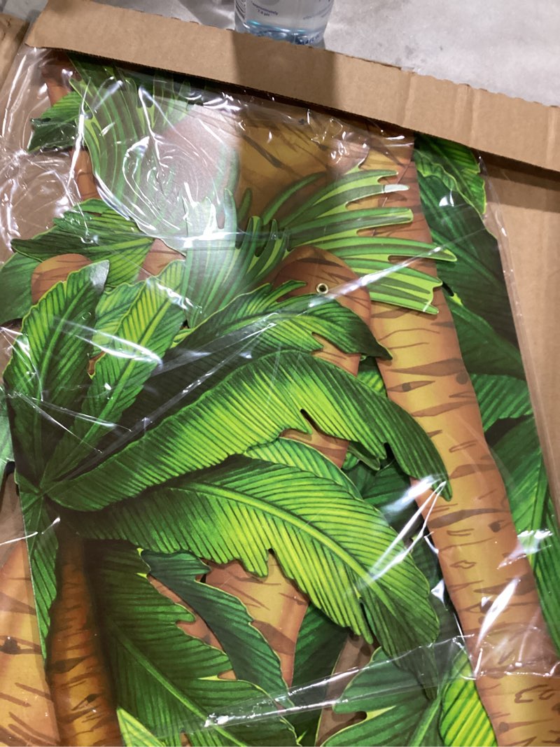 Condition photo showing As Is for beistle jointed palm trees - 3 pack, cardstock paper palm tree cutouts, hanging wall decorations for luau, tropical hawaiian beach party, summer event décor, photo backdrop, two 4’ & one 6’