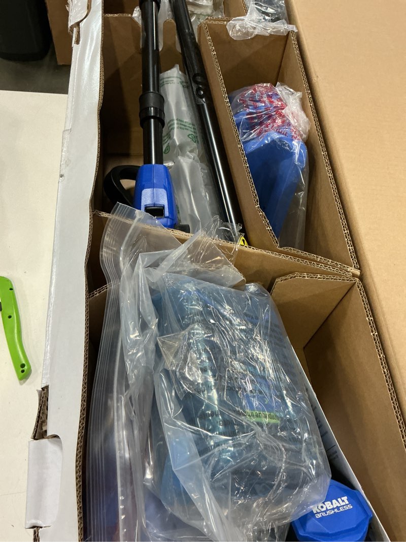Condition photo showing As Is for kobalt 80-volt 16-in straight shaft battery string trimmer 2.5 ah