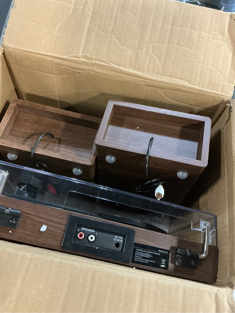 Condition photo showing As Is for Vinyl Record Player with Dual Stereo Bookshelf Speakers Vintage Turntable with Bluetooth Wireless Playback Belt Drive 3-Speed Playback Record Player Support RCA Out Auto Stop Wooden