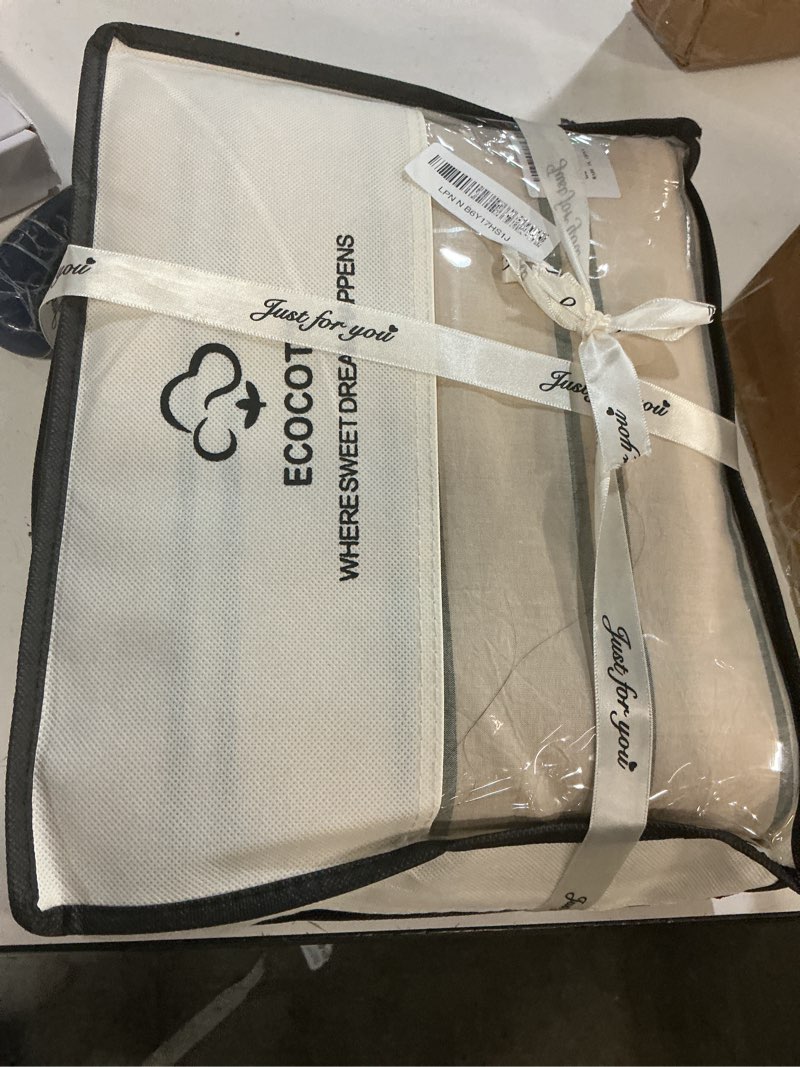 Condition photo showing New/Like New for ecocott duvet cover queen size - linen feel organic natural 100% washed cotton, soft breathable & durable bedding set, comfy stripe design for all seasons dark green stripes (no comforter) queen (90"x90")
