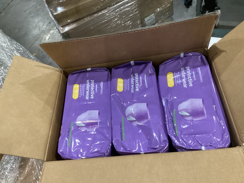 Condition photo showing New/Like New for amazon basics incontinence underwear for women, protective, disposable, postpartum, maximum absorbency, large, lavender, 54 count (3 packs of 18) large 54.0