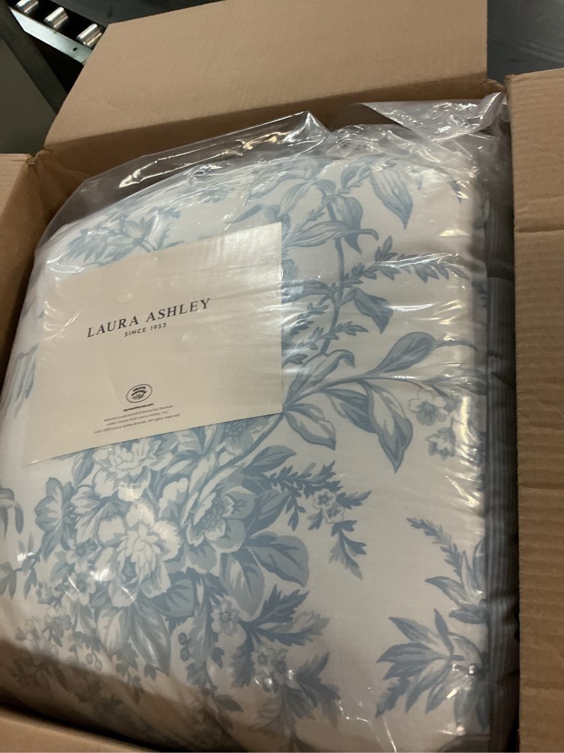 Condition photo showing New/Like New for laura ashley - queen comforter set, soft & reversible cotton floral bedding with a medium weight feel, 3 piece bed set with matching pillowcases (bedford blue) bedford blue queen