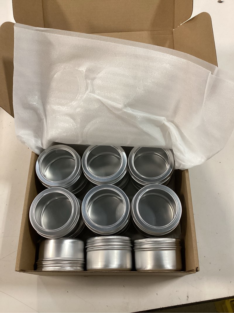 Condition photo showing Good Condition for 15 Pack 4oz Metal Round Tins, Lainrrew Aluminum Tin Cans Small Metal Food Travel Tins Storage Jars Containers with Clear Top and Screw Lids for Spices, Candles, Arts & Crafts (4oz)