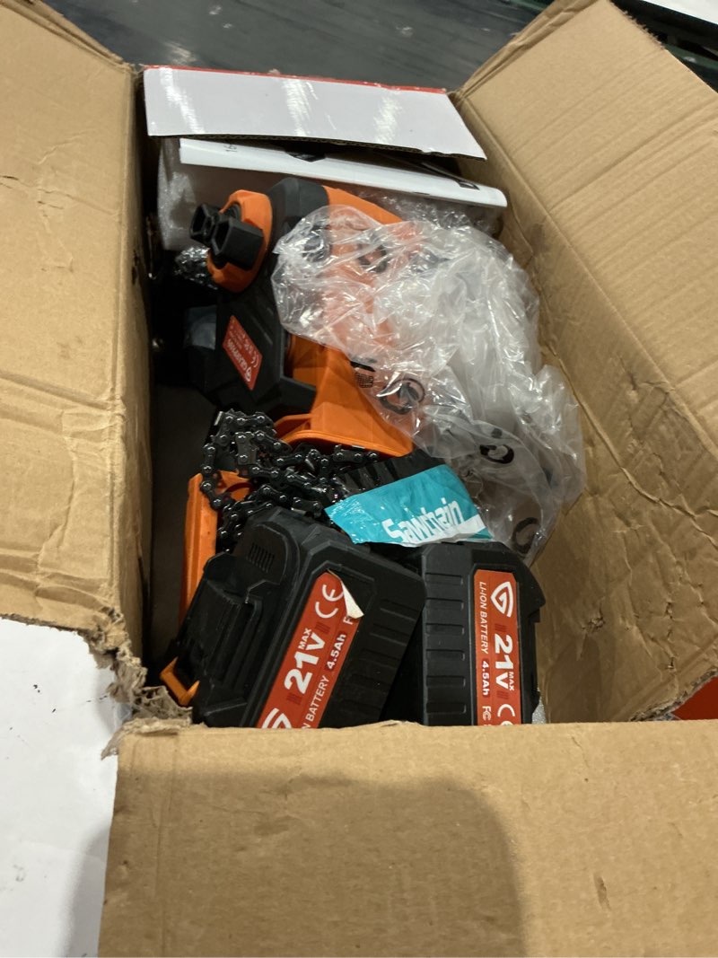 Condition photo showing As Is for 42v 16-inch cordless chainsaw with 2x 4.5ah battery & dual fast charger, brushless electric chain saw, tool-free tensioning, auto oiling, chain brake, for tree wood cutting yard work orange