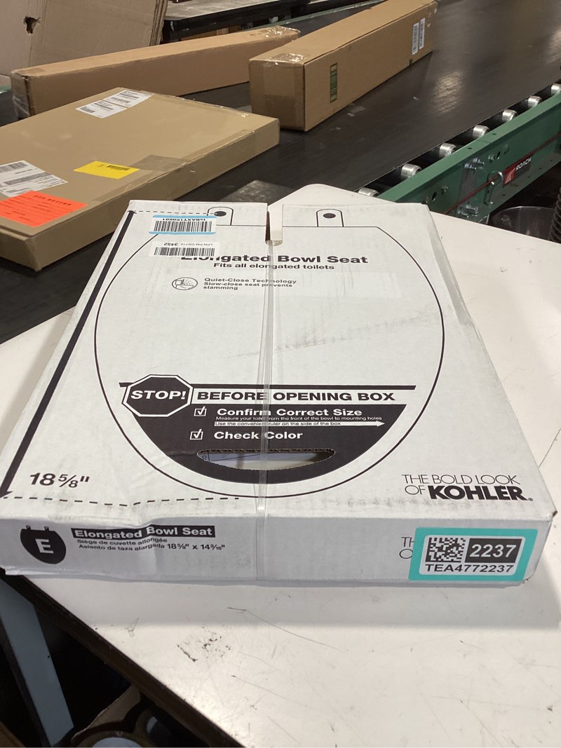 Condition photo showing New/Like New for similar to kohler 4694-96 ridgewood elongated toilet seat, compression-molded wood, color-matched plastic hinges, biscuit biscuit elongated elongated