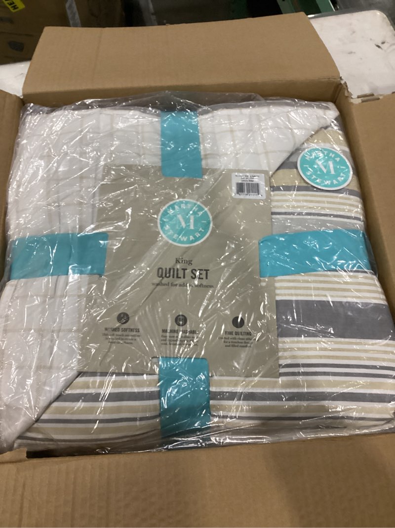 Condition photo showing New/Like New for Martha Stewart King Size Quilt Bedding Set - 3 Piece, Soft Washed Microfiber, Printed Bedspread, Reversible, All Season, 1 Quilt, 2 King Pillow Shams, Gray & Khaki, Lefferts Stripe Print King Lefferts Stripe