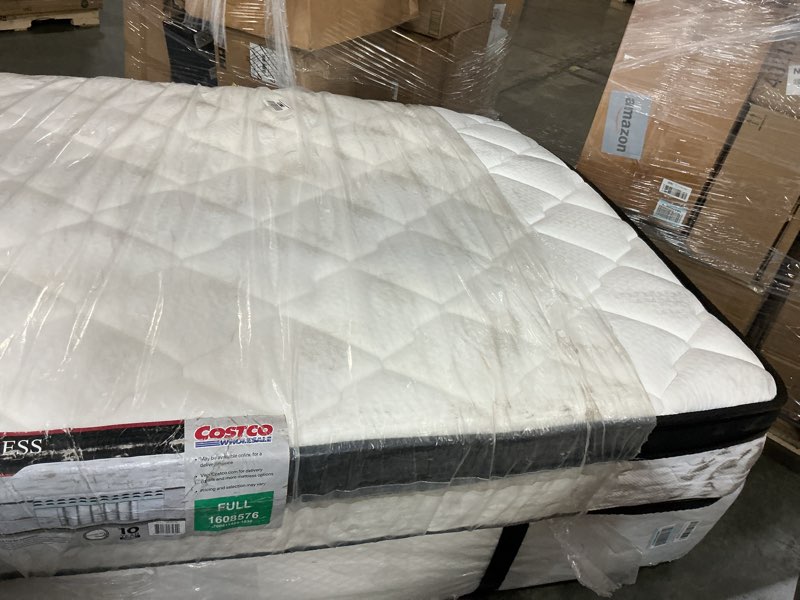 Condition photo showing As Is for full size mattress, 12 inch hybrid medium firm feel, individually wrapped coils for motion isolation & cool memory foam, white, certipur-us certified