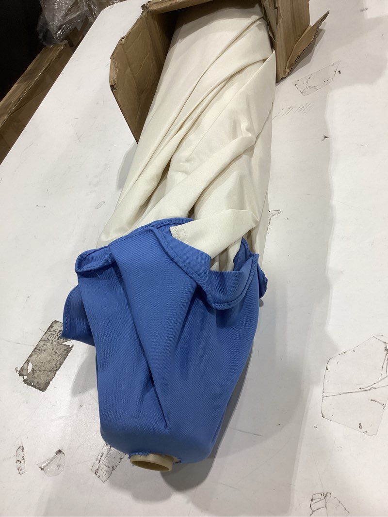 Condition photo showing As Is for tempera 9ft beige spliced twilight blue tassels scallop patio umbrella,outdoor table market umbrellas with crank & pust button tilt, wood color pole and 8 steel ribs blue tassels 9 ft push-button-tilt
