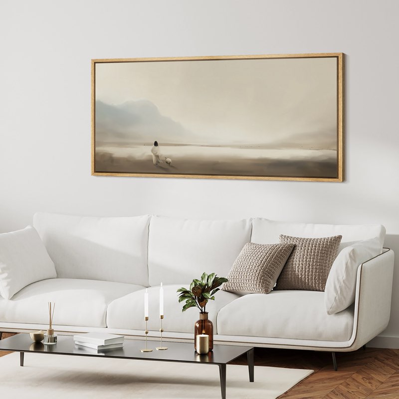 greenish tan minimalist artwork, christ and the lost lamb wall pictures, giclee canvas digital print extra large framed wall art 20 x 60’