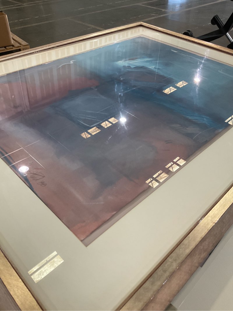 Condition photo showing Good Condition for abstract blue and red  framed painting