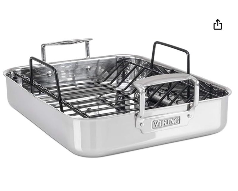 viking 3-ply stainless steel roasting pan with non stick rack, 16 x 13 inch kitchen cookware, great for turkey, dishwasher and oven safe, induction ready, silver