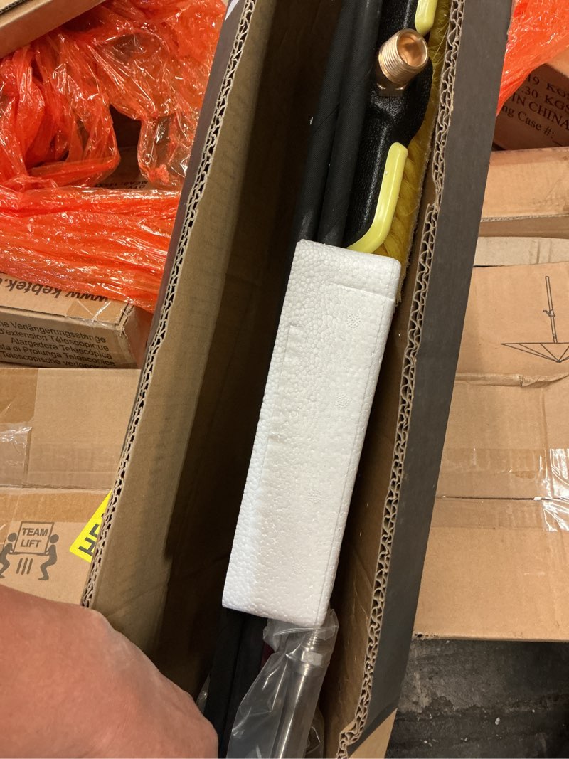 Condition photo showing As Is for hourleey 24 ft telescoping pressure washer wand, power washer extension wand with brush head, gutter cleaner, 3 curve wands, adjustable support belt, pivoting coupler, 7 spray nozzles, 4000 psi