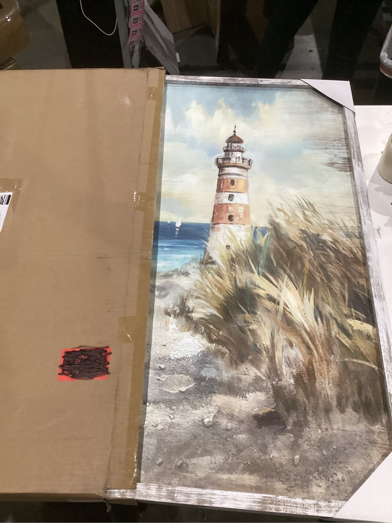 Condition photo showing Good Condition for framed wood ocean wall art: vertical vintage beach shore picture calming coastal lighthouse artwork modern blue sea wave skyline painting abstract nautical seascape prints for bathroom 36"l x 24"w lighthouse