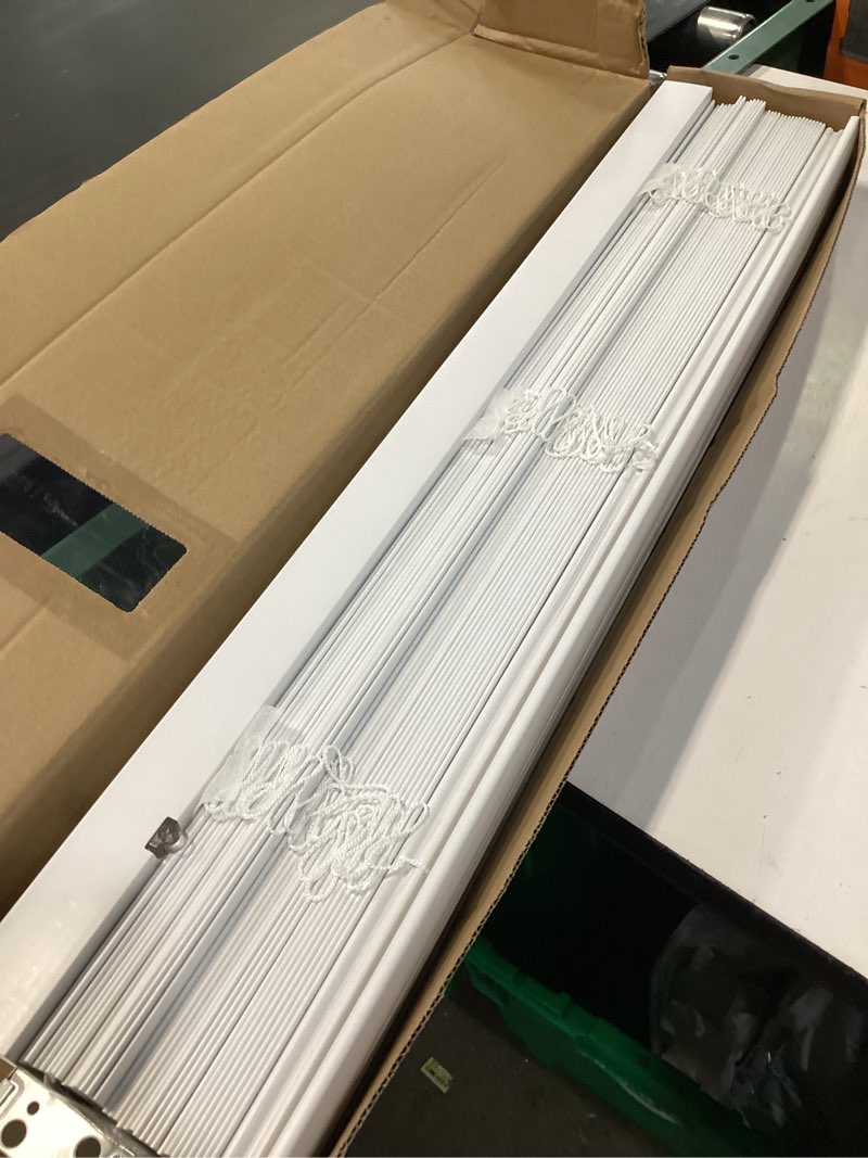 Condition photo showing As Is for allen + roth cordless faux wood 2-in slat width 32.5-in x 64-in cordless white faux