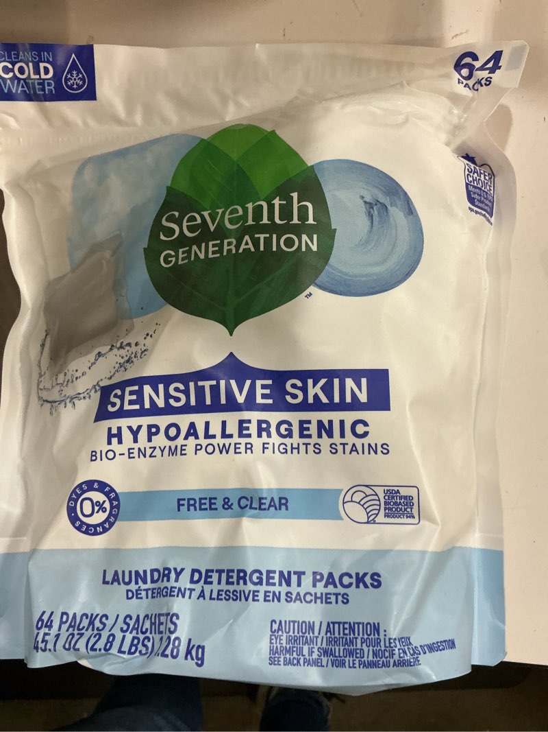 Condition photo showing New/Like New for Seventh Generation Laundry Detergent Packs, Free & Clear, Made for Sensitive Skin, EPA Safer Choice Certified, 64 Count Unscented 64 Count (Pack of 1)