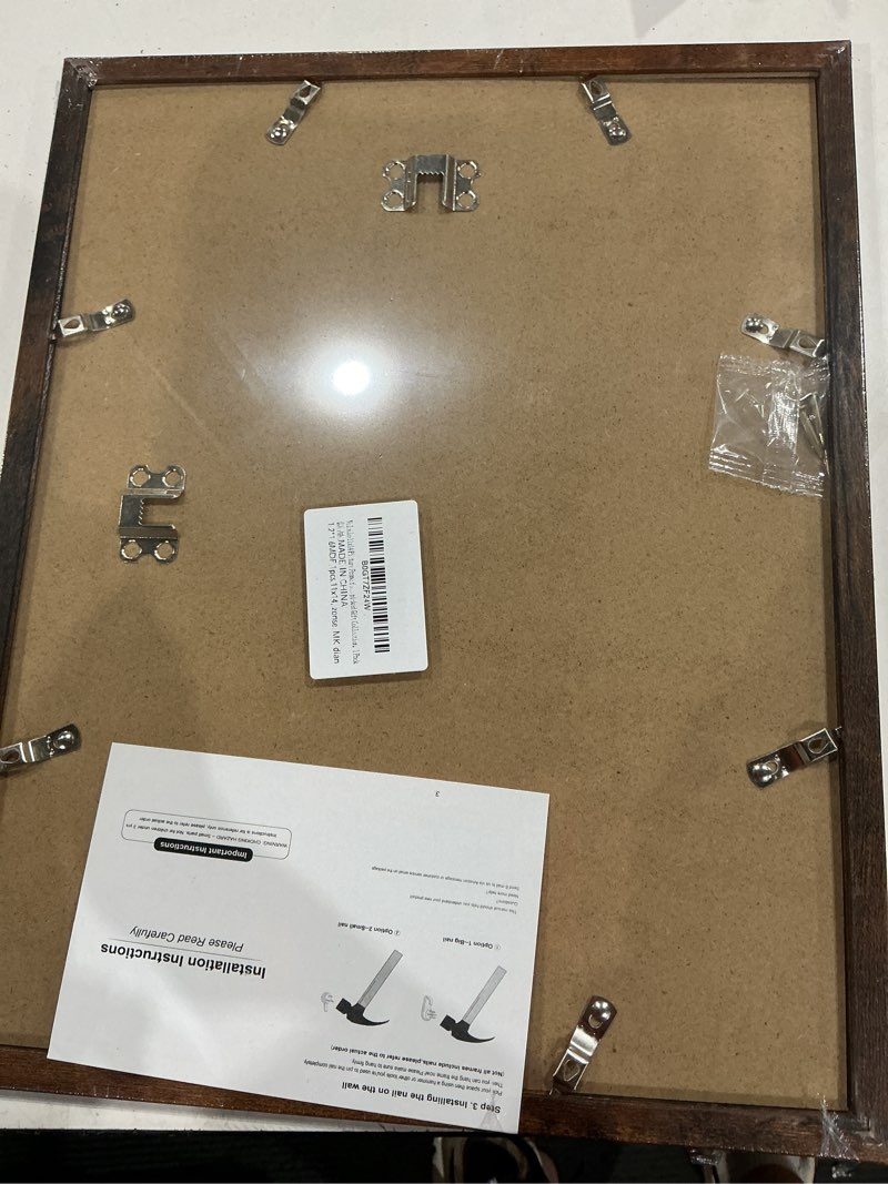 Condition photo showing As Is for veleclo 11x14 picture frame for wall display, 11x14 brown picture frame with shatter resistant plexi