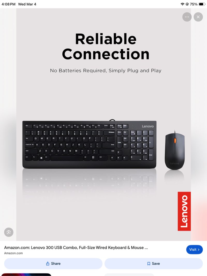 Lenovo 300 USB Combo, Full-Size Wired Keyboard & Mouse, Ergonomic, Left or Right Hand Mouse, Optical