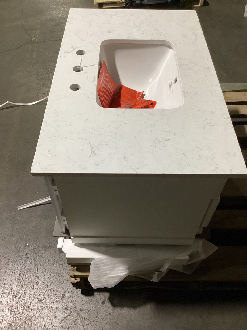 Condition photo showing As Is for allen roth canterbury 36-in white undermount single sink bathroom vanity with carrara