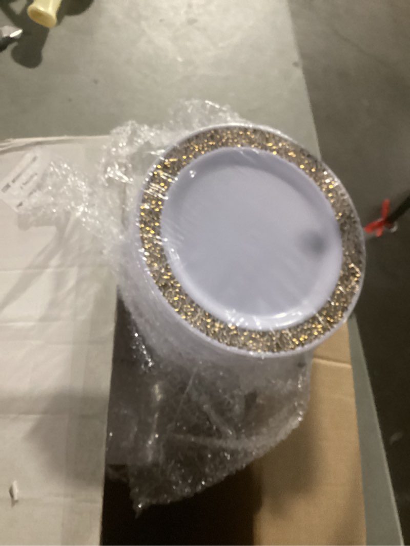 Condition photo showing Good Condition for bestvip 200pcs gold plastic plate, disposable party plates with 100 dinner plates and 100 dessert plates, plastic plates for party, wedding and birthday