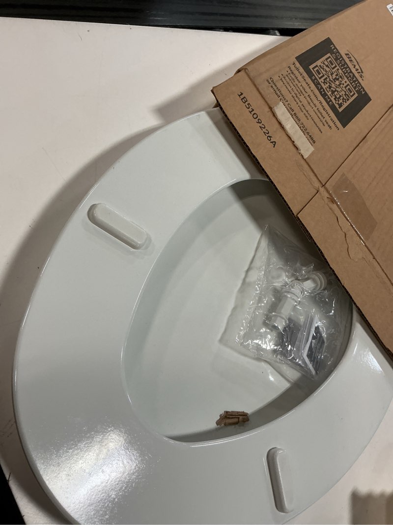 Condition photo showing Good Condition for mayfair bennett toilet seat with brushed gold hinges, slow close wood seat, secure metal hinges, easy install, made in usa, elongated, white elongated gold