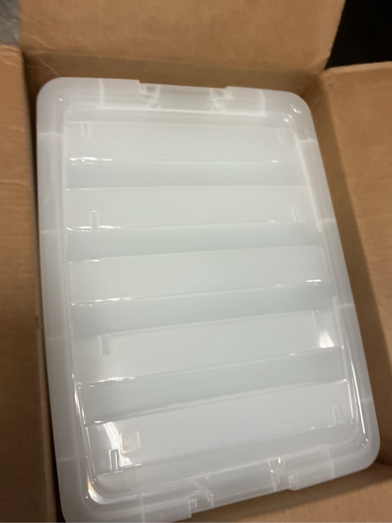 Condition photo showing New/Like New for iris usa 54 qt stackable plastic storage bins with lids, 6 pack - bpa-free, made in usa - see-through organizing solution, latches, durable nestable containers, secure pull handle - clear clear 54 qt 6 pack