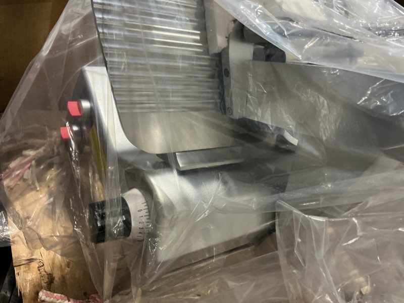 Condition photo showing New/Like New for electric meat slicer - 12 inch electric food slicer with adjustable thickness, stainless steel blade, 800w power, for home and commercial use 12 inch silver