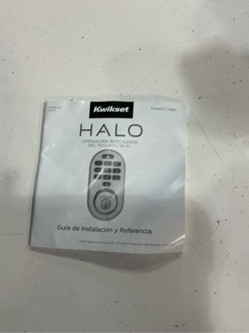 Condition photo showing As Is for kwikset halo wi-fi smart lock, keyless entry door deadbolt, geofence auto-unlock, grade aaa certified, no hub required easy install, satin nickel lifetime finish warranty, backlit keypad