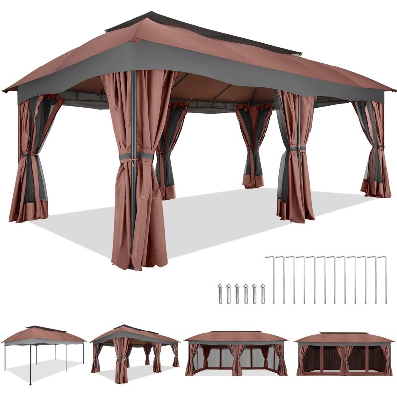 ((Incomplete))COBIZI Gazebo 12x20 Heavy Duty Gazebos with Curtain and Netting Outdoor Gazebo Canopy Double Roof Pa